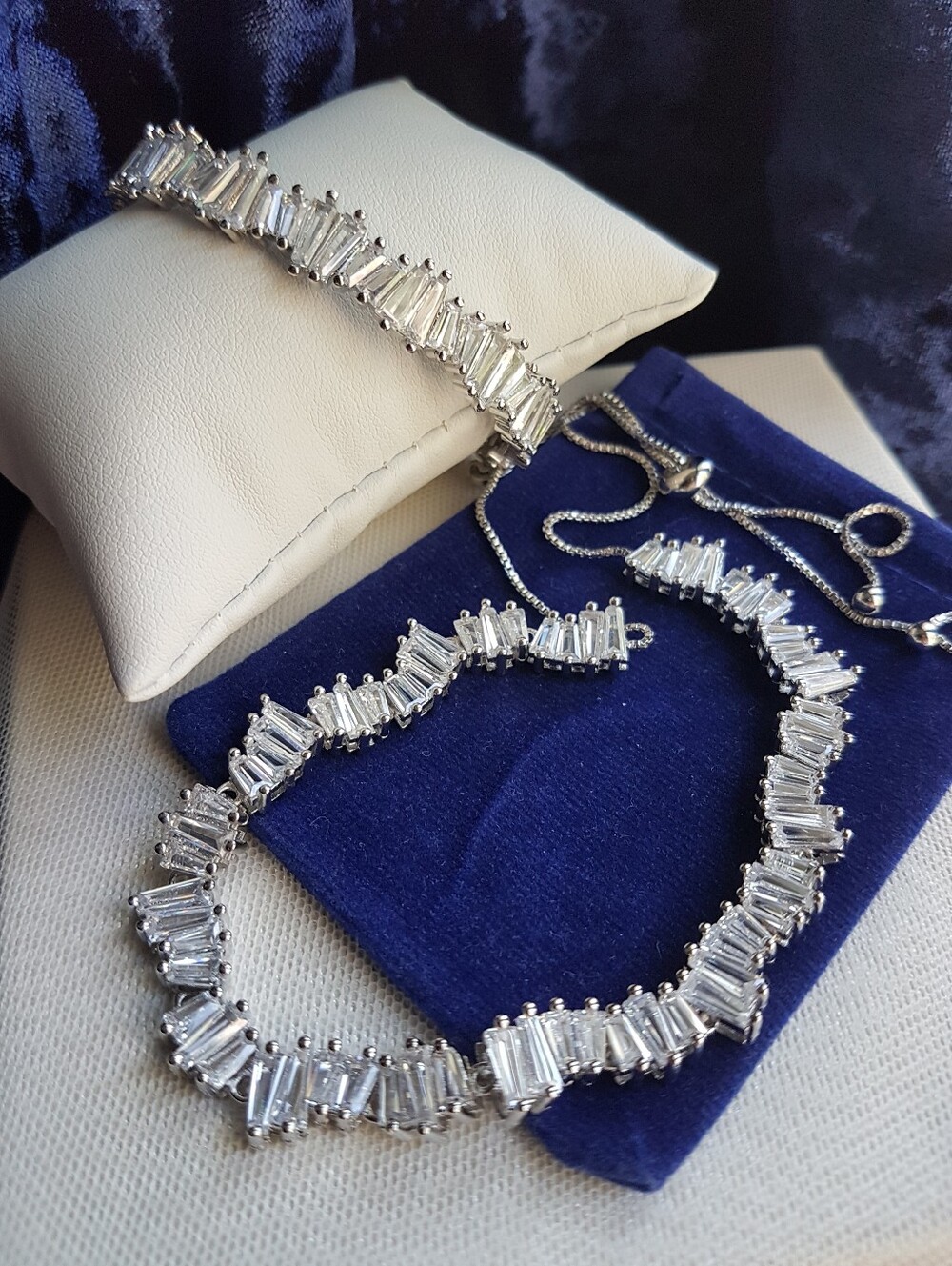Swarovski Elements 925 Sterling Silver Adjustable Baguette Tennis Necklace NEW